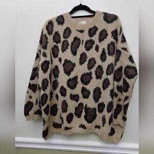 Altar’d State Sweater Women S/m Tan/Brown/Black Fuzzy Knit Leopard